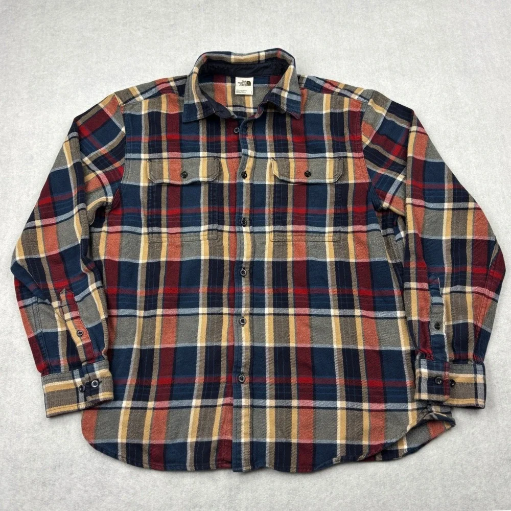 The North Face Mens Large Arroyo Heavyweight Cotton Plaid Flannel Shirt Navy Red